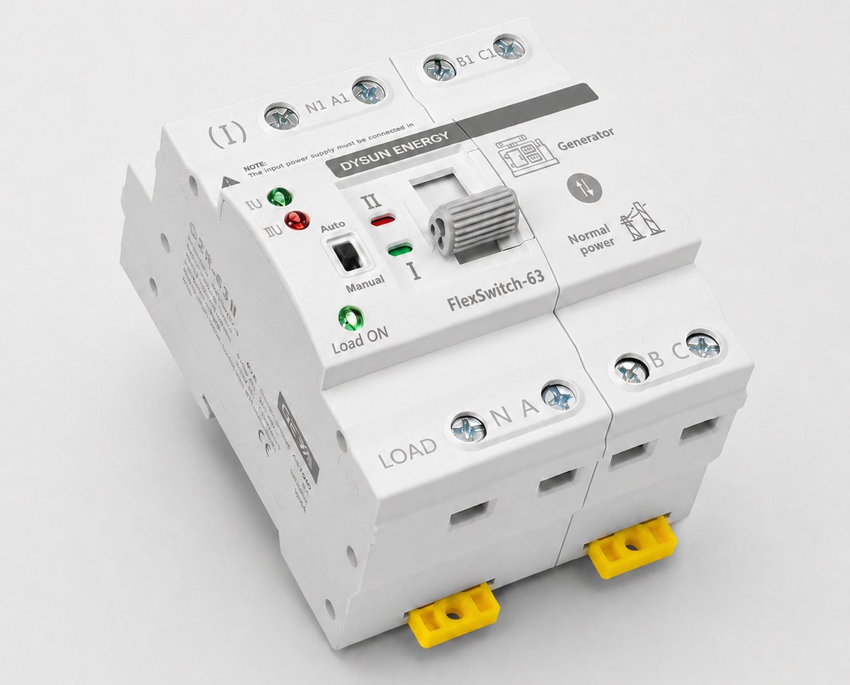 FlexSwitch One, de automatische omschakelaar van Dysun Energy voor montage op DIN-rail