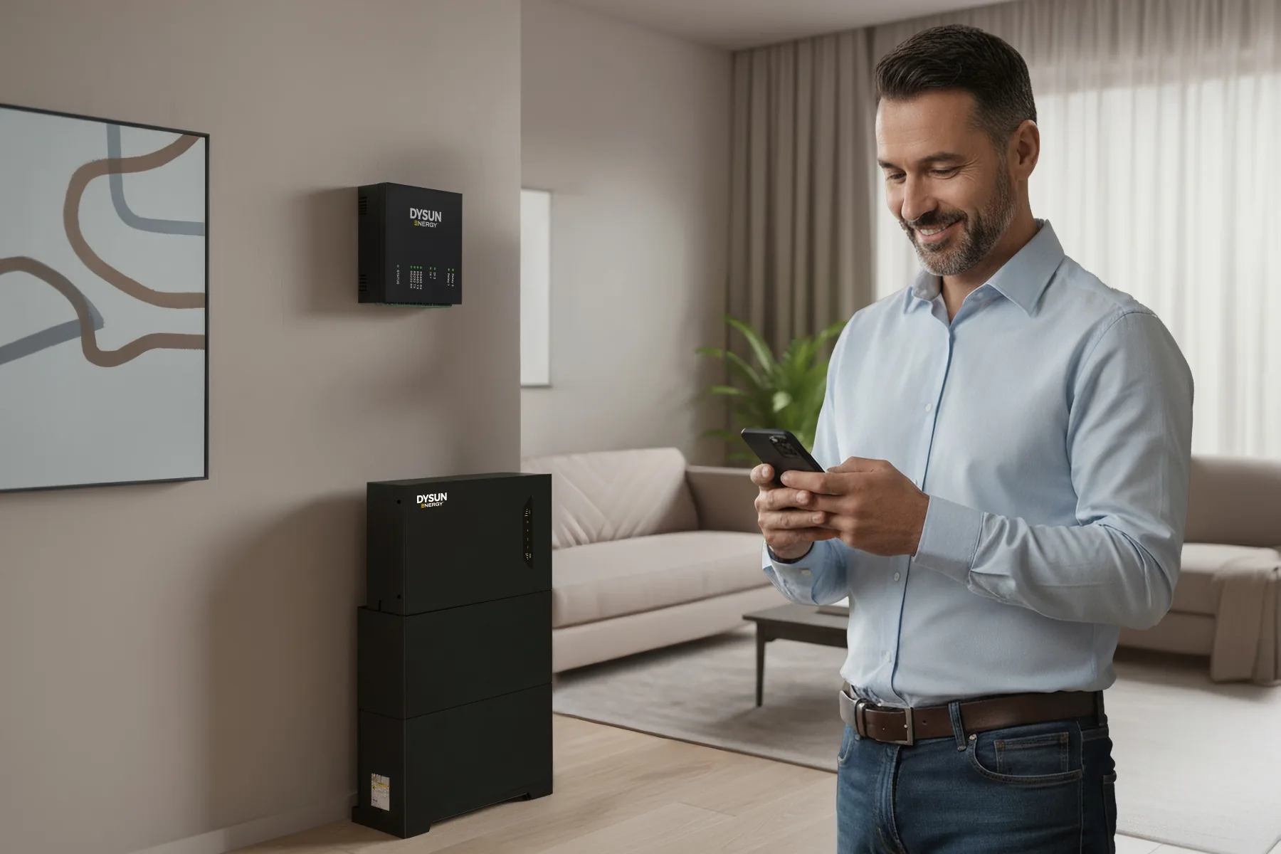 Thuisbatterij van Dysun Energy tegen de wand in een woonkamer, met daarboven de regelmodule