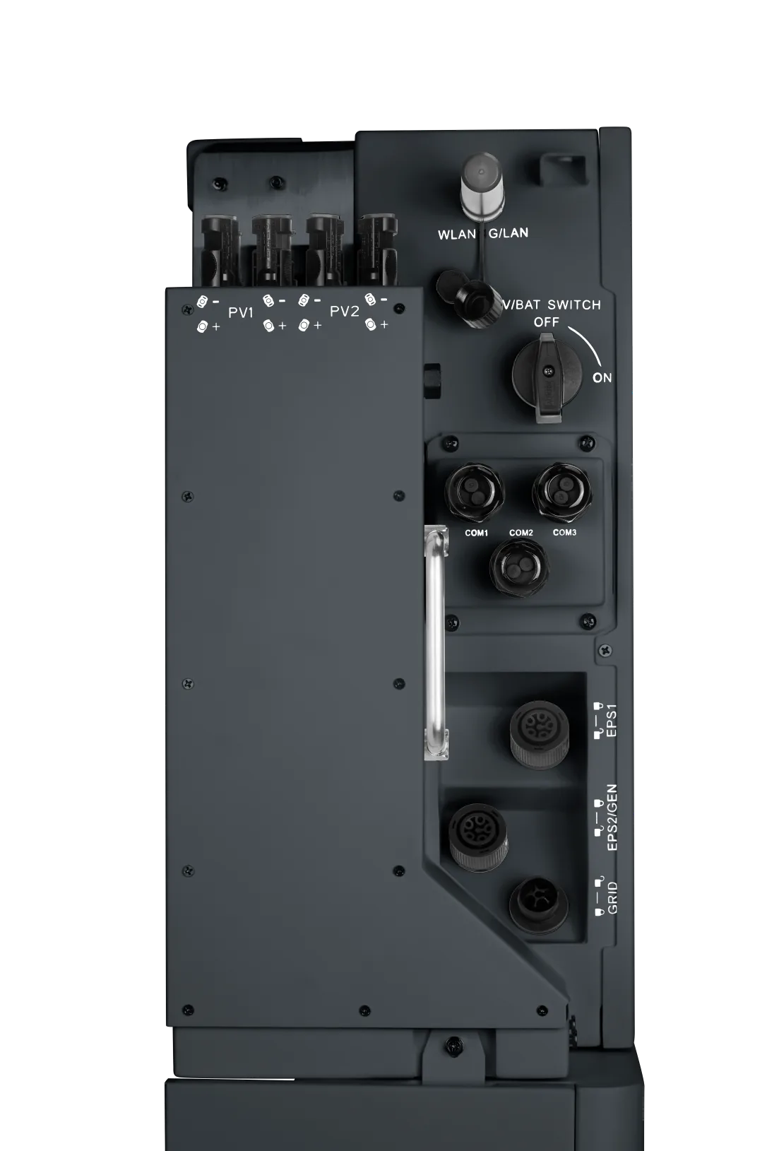 Aansluitzijde van de FlexVolt One HV met de aansluitingen voor zon, net, batterij en noodstroom